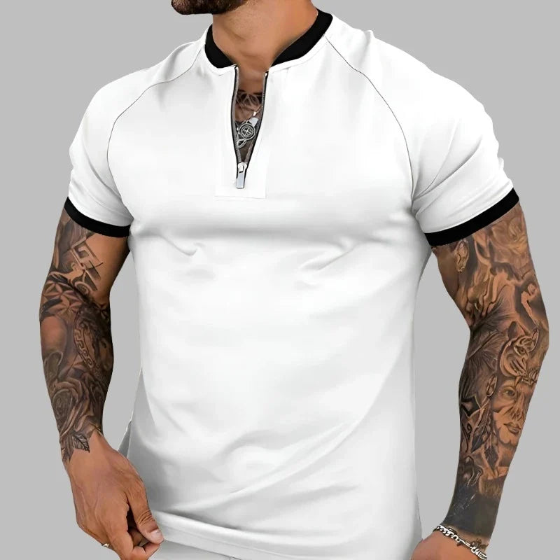 Modern men's collared long sleeve zip shirt with unique zipper accent, perfect for stylish men's fashion.