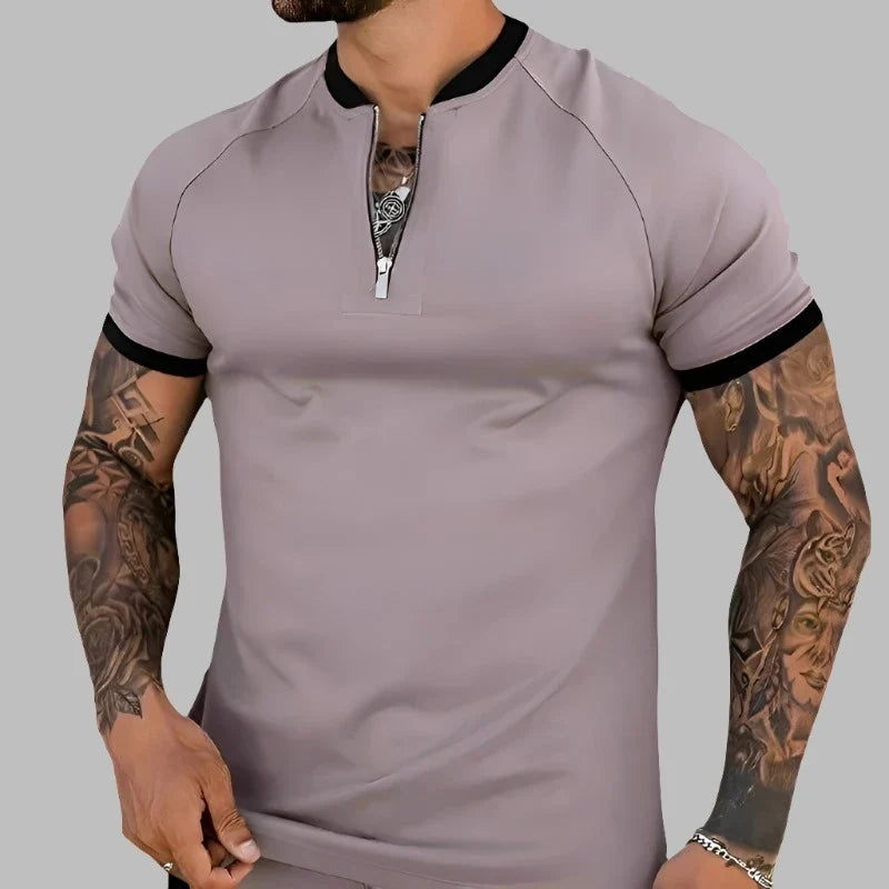Close-up of a fashionable men's long sleeve zip shirt, highlighting its modern design & elegant zipper accent.