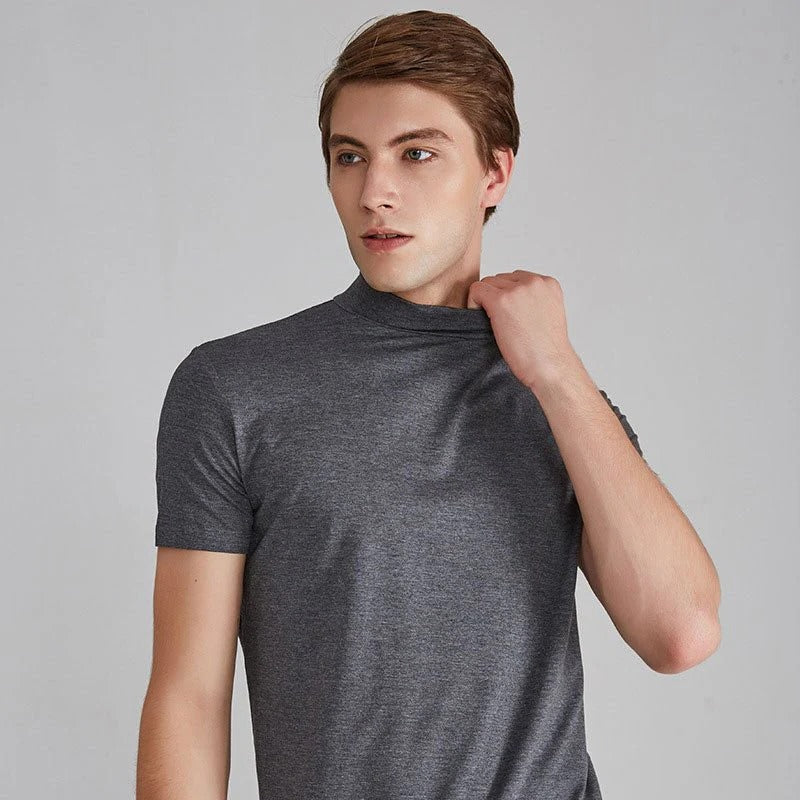 Modern men's stylish turtleneck t-shirt, a comfortable long sleeve cotton top perfect for casual fashion outfits.