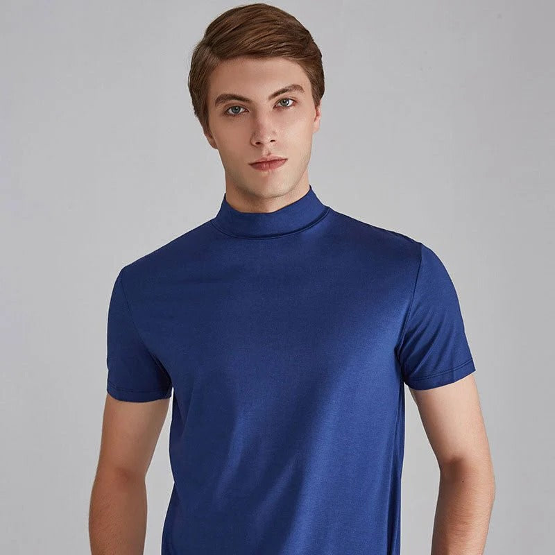 Fashionable fit men's long sleeve turtleneck t-shirt in casual cotton, ideal for stylish versatile everyday wear.