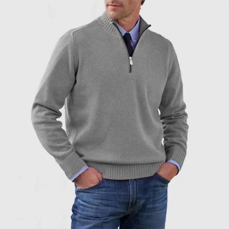 Men's stylish mock neck half zip sweater with ribbed trim, perfect for fall layering & casual wear.