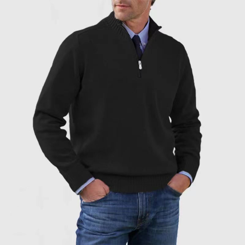 Cozy men's knit half zip sweater, mock neck & ribbed cuffs. Ideal for winter warmth & stylish layering.