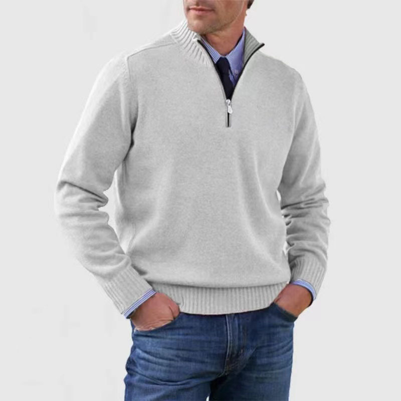Men's long sleeve mock neck pullover sweater with half zip closure & ribbed trim for versatile styling.