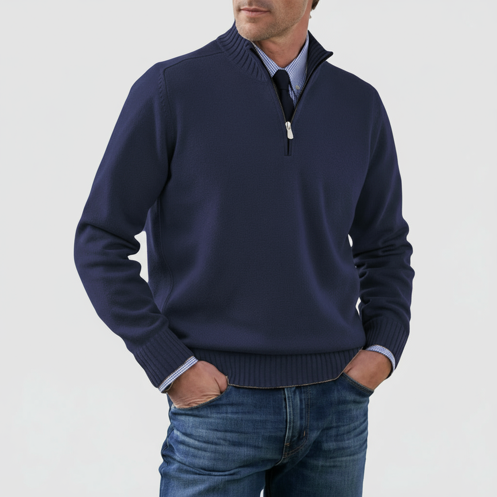 Textured men's mock neck half zip knitwear, featuring ribbed trim. A modern pullover for men's fashion.
