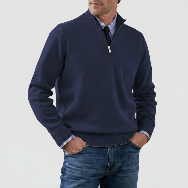 Textured men's mock neck half zip knitwear, featuring ribbed trim. A modern pullover for men's fashion.