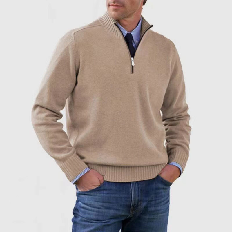 Elegant men's fall fashion half zip sweater, mock neck design & ribbed trim, perfect for stylish layering.