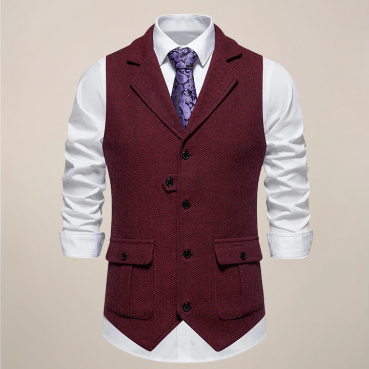 Stylish men's waistcoat with notch lapel, worn as part of a smart casual or formal menswear outfit.