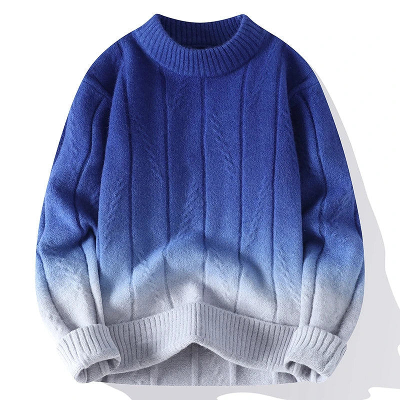 Men's stylish ombre gradient pullover sweater. Long sleeve casual knitwear, perfect for cooler weather fashion.