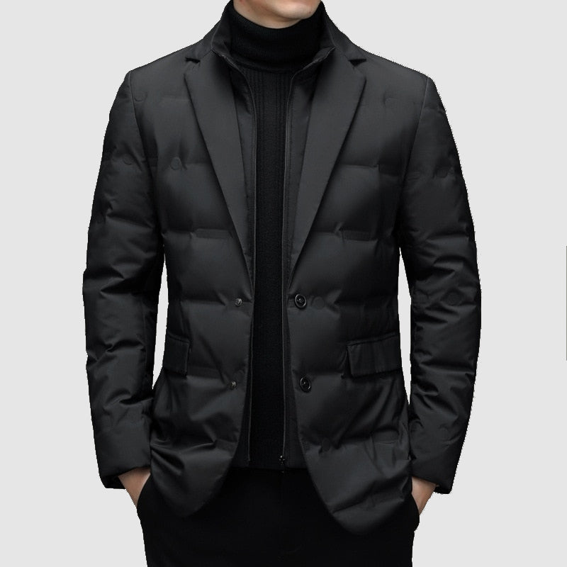Men's stylish padded jacket with notch lapel, perfect for smart casual & formal winter wear.