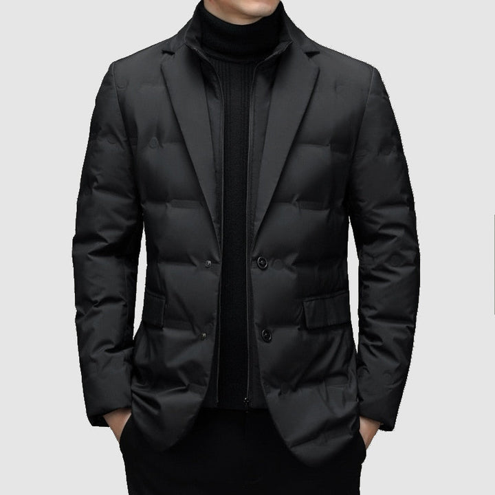 Men's stylish padded jacket with notch lapel, perfect for smart casual & formal winter wear.