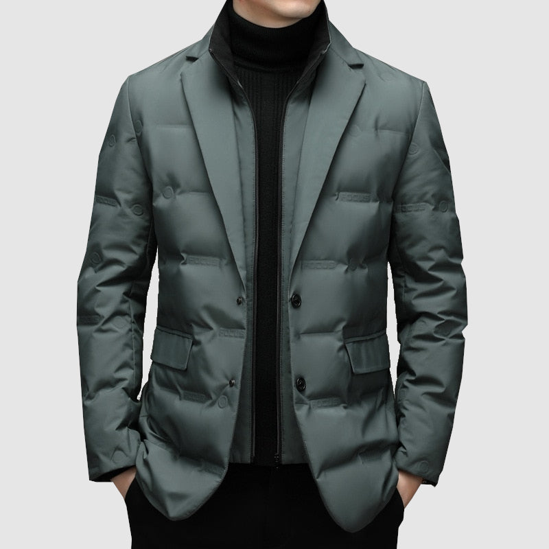 Elegant men's two-button padded winter jacket with a refined notch lapel for stylish occasions.