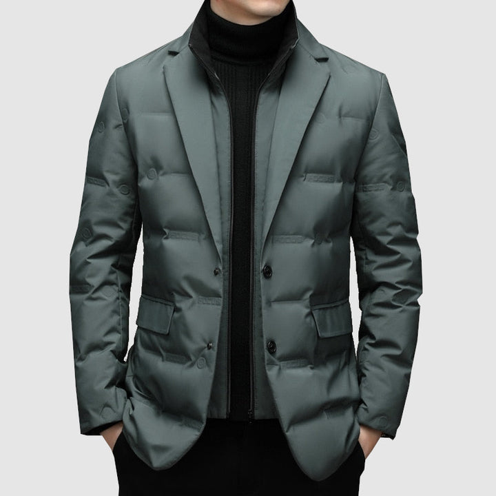 Elegant men's two-button padded winter jacket with a refined notch lapel for stylish occasions.