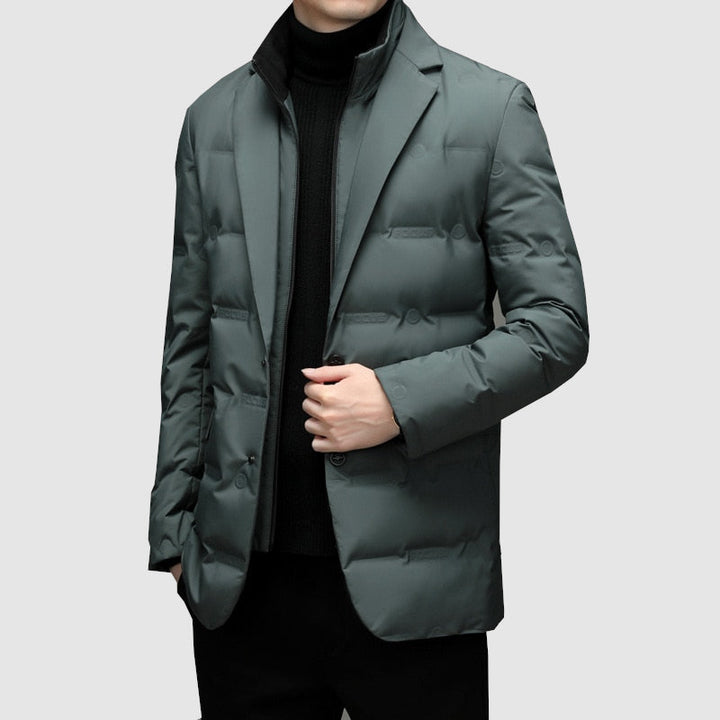 Versatile men's padded jacket with notch lapel, ideal for warm, stylish smart casual & formal outerwear.