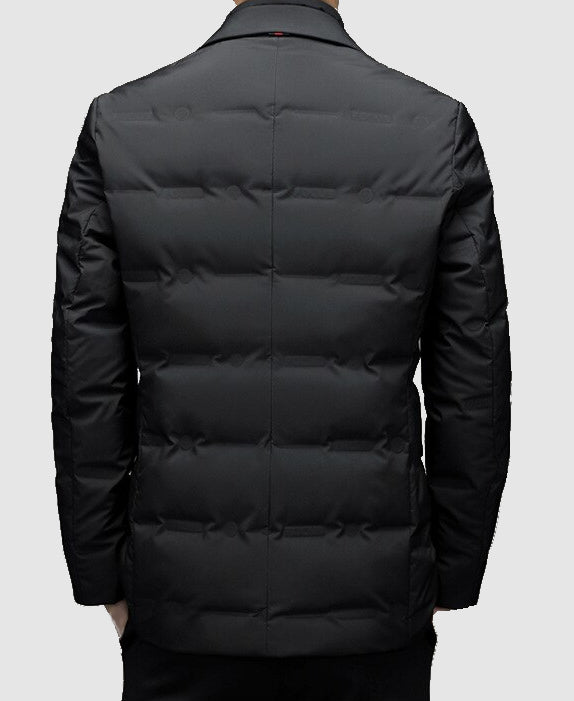 Warm padded men's winter jacket with a classic notch lapel, an elegant choice for men's fashion.