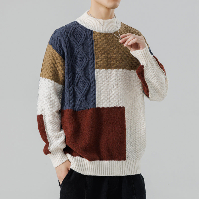 Men's patterned color block knit pullover. Soft, warm long sleeve sweater for stylish winter fashion.