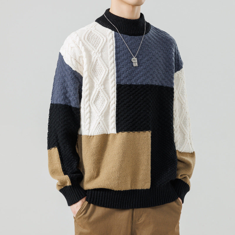 Stylish men's patterned knit pullover. Warm long sleeve color block sweater, perfect for winter fashion.