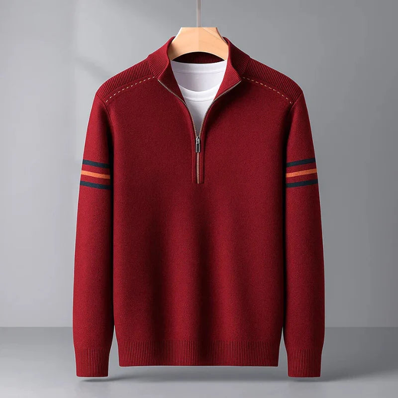 Modern men's quarter-zip pullover sweater, an essential long-sleeve top for casual fashion and layering.