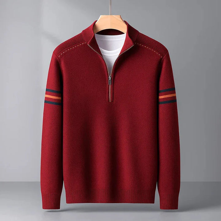 Modern men's quarter-zip pullover sweater, an essential long-sleeve top for casual fashion and layering.