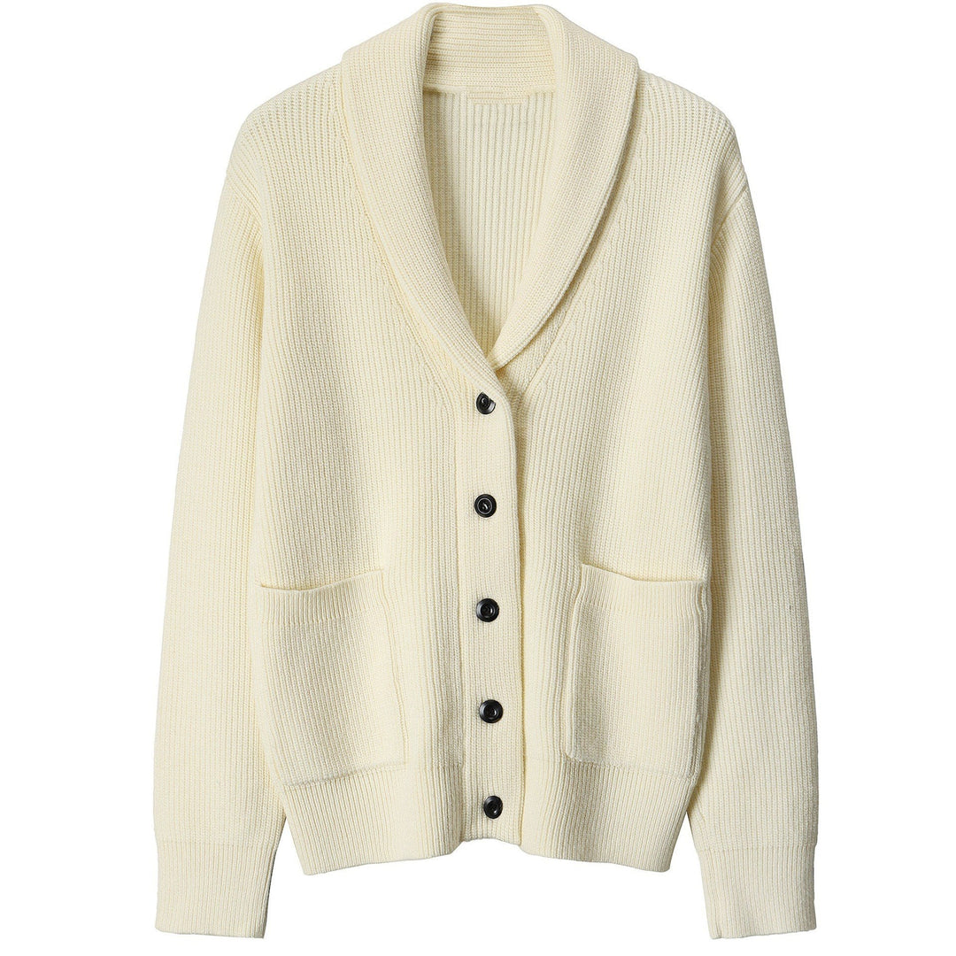 Warm men's ribbed knit button-up cardigan sweater featuring a comfortable shawl collar, ideal for winter menswear.
