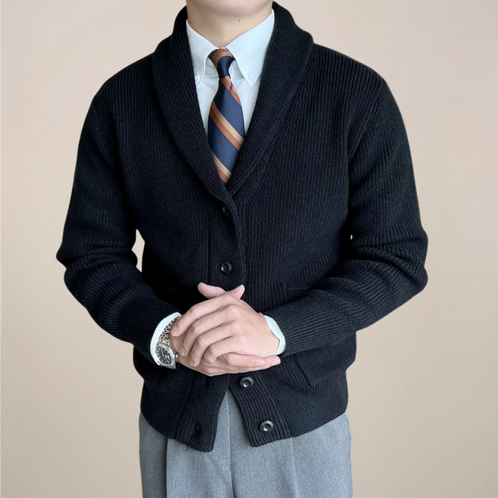 Stylish men's ribbed knit cardigan with a shawl collar, a versatile sweater for casual or smart-casual layering.