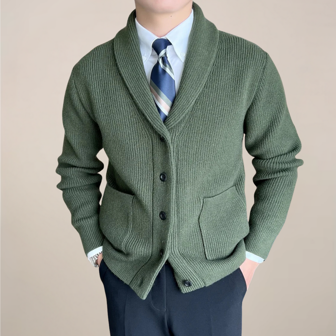 Cozy men's ribbed knit cardigan sweater with a shawl collar. A smart button-up for autumn and winter style.