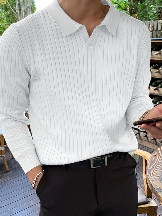 Men's stylish ribbed knit polo shirt, comfortable & versatile for casual or smart casual wear.