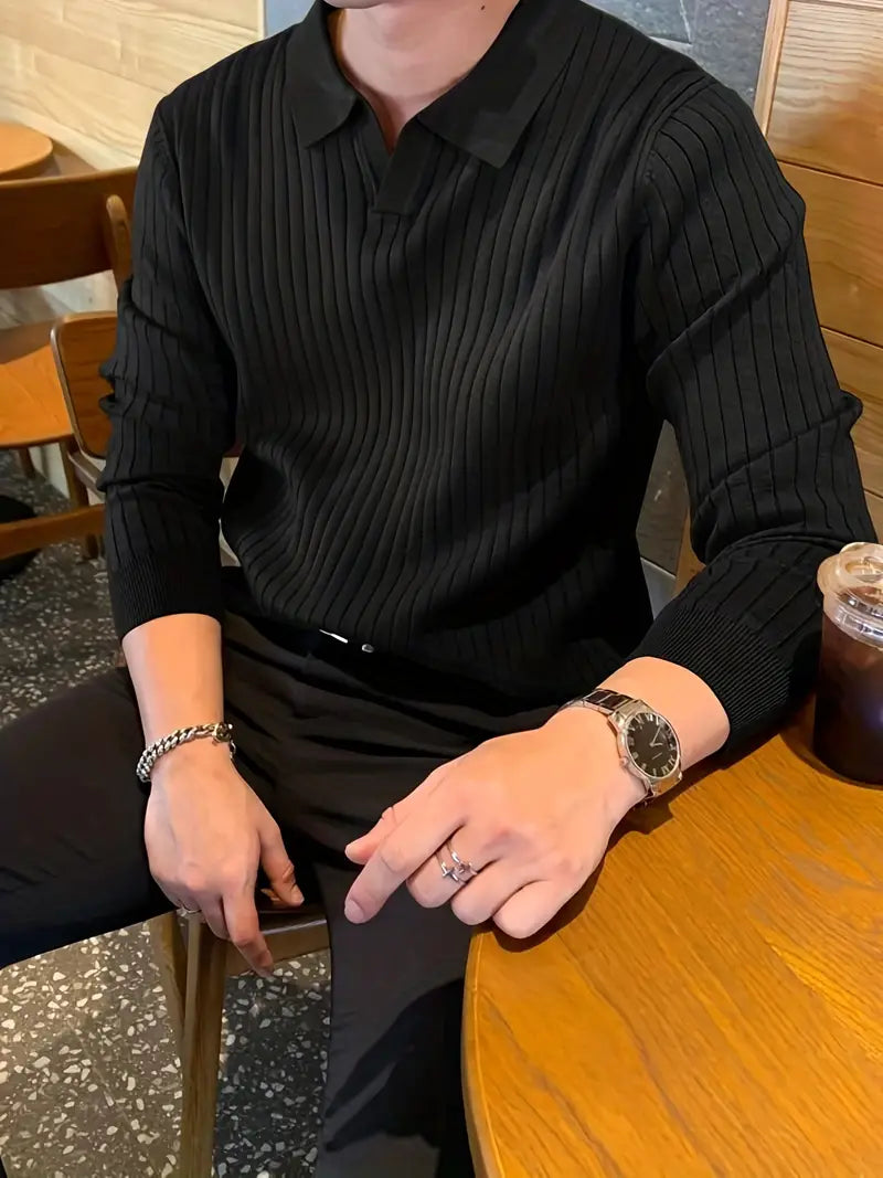 High-quality men's ribbed knit polo shirt, designed for long-lasting comfort & versatile styling.