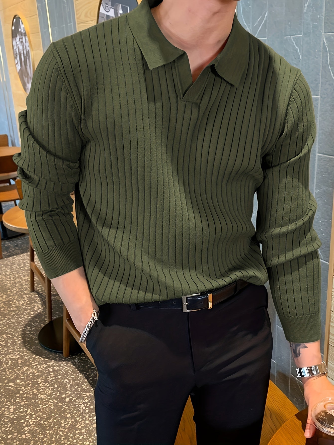 Men's casual-smart ribbed knit polo shirt, a comfortable staple with a stylish lapel collar.