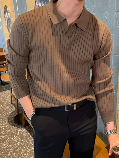 Detail shot of the comfortable lapel collar on a men's stylish ribbed knit polo shirt.