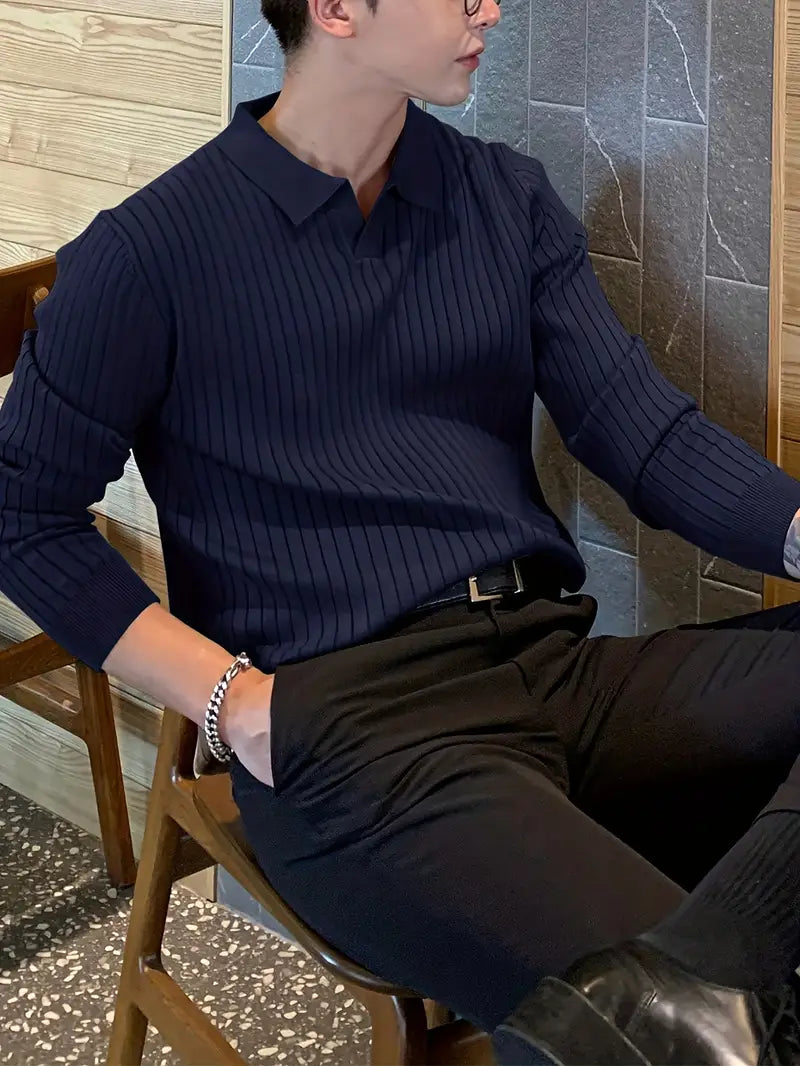 Textured men's ribbed knit polo shirt, blending style, comfort, and a smart casual aesthetic.