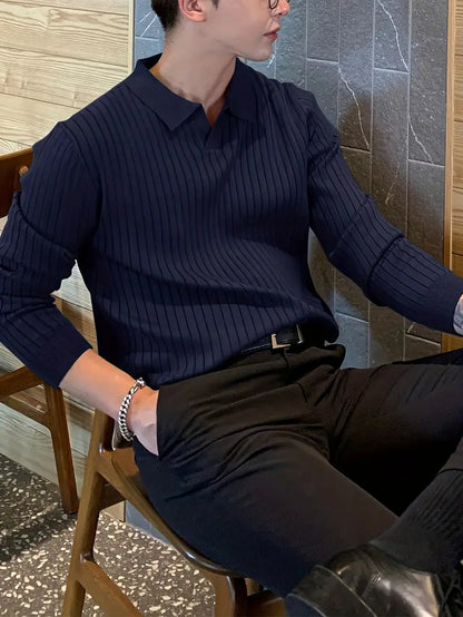 Textured men's ribbed knit polo shirt, blending style, comfort, and a smart casual aesthetic.