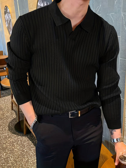 Man in a relaxed pose wearing a comfortable men's ribbed knit polo shirt for everyday style.
