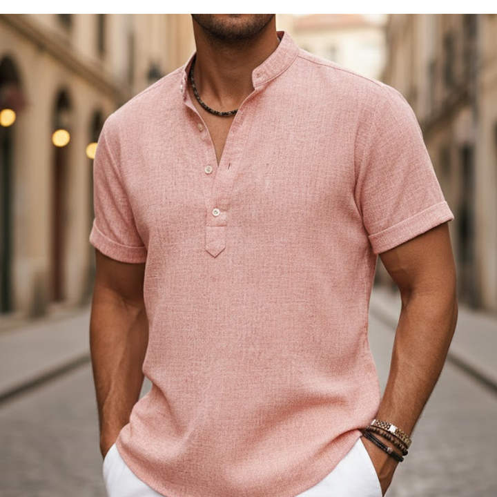Men's stylish short sleeve Henley shirt, perfect for summer comfort and casual fashion.