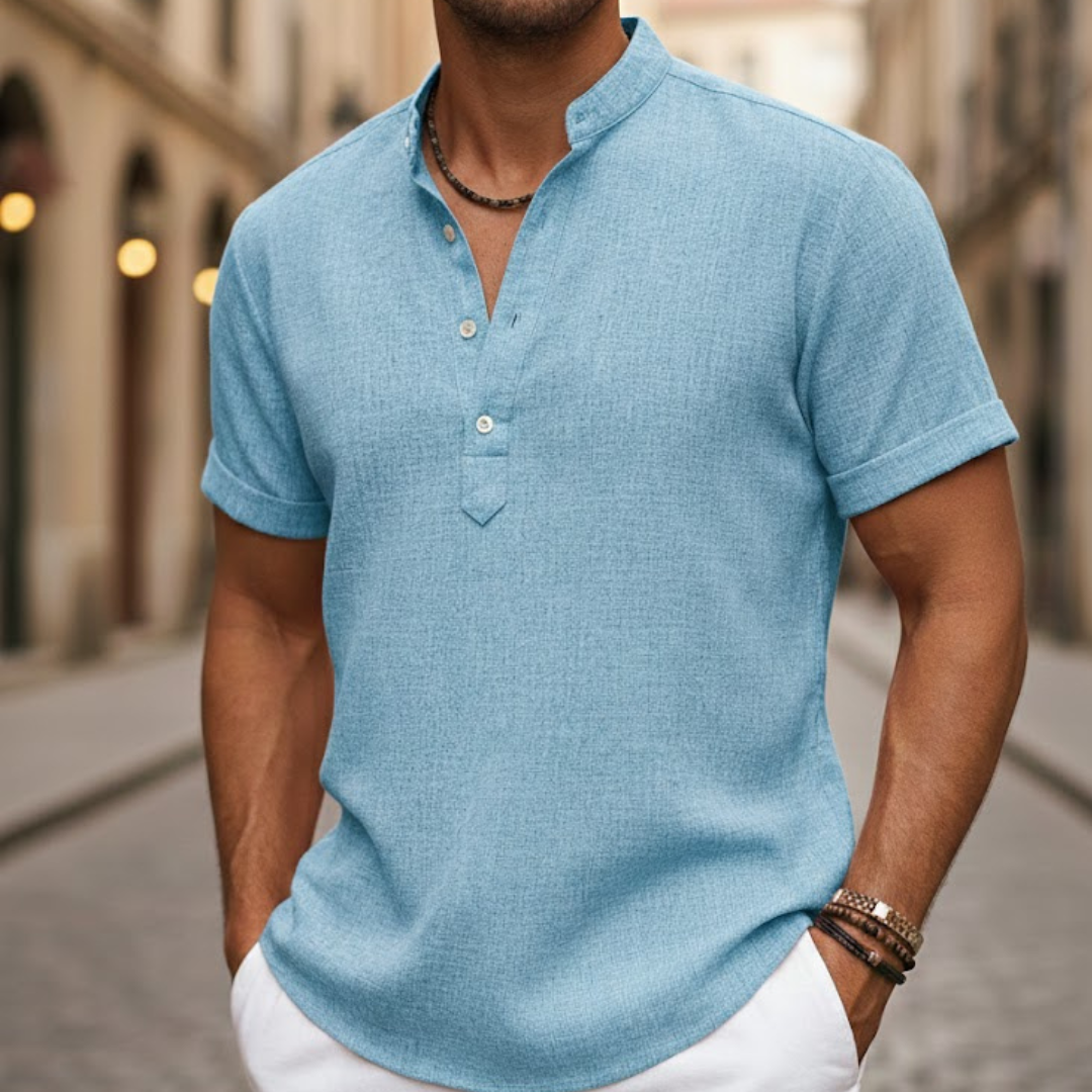 Lightweight & breathable men's Henley polo shirt, ideal for relaxed summer everyday wear.