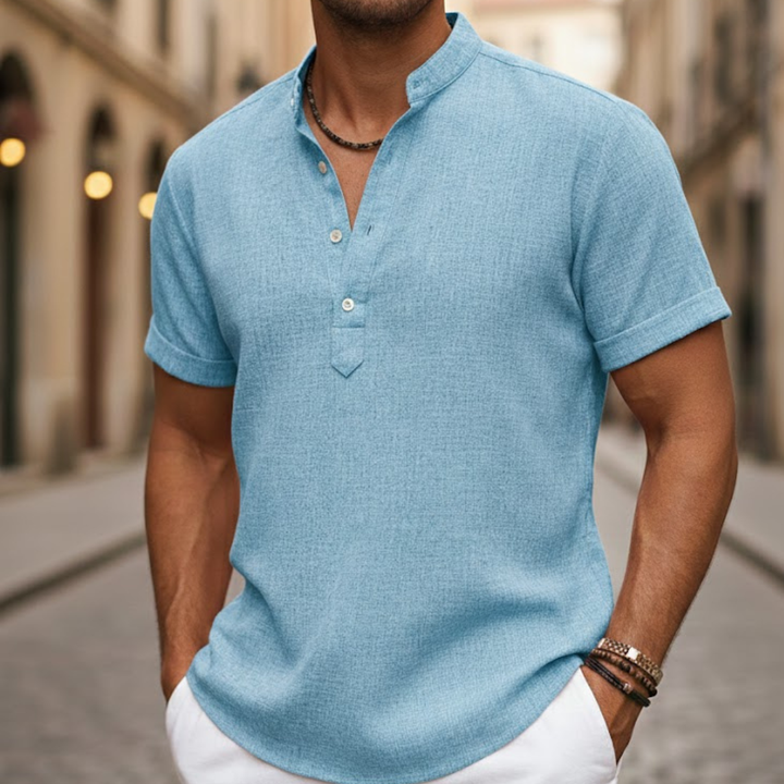 Lightweight & breathable men's Henley polo shirt, ideal for relaxed summer everyday wear.