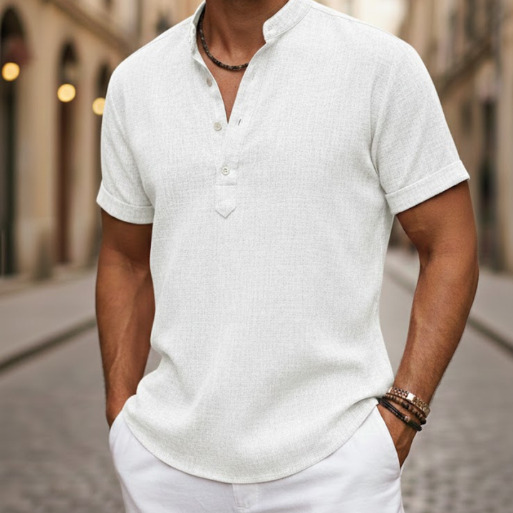 Comfortable men's short sleeve Henley shirt with a stylish button placket for summer.