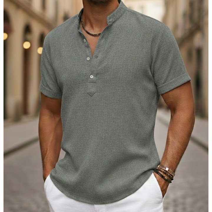 Casual men's fashion: short sleeve Henley top in a relaxed fit for breathable summer style.