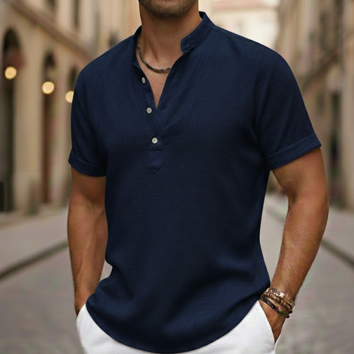 Men's breathable short sleeve Henley shirt, offering lightweight comfort for hot summer days.