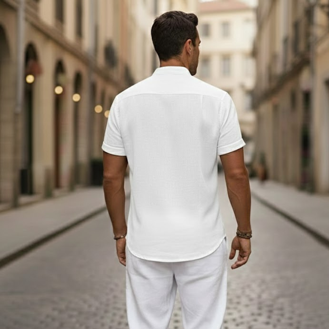 Front view of a men's stylish short sleeve Henley shirt, designed for maximum summer comfort.