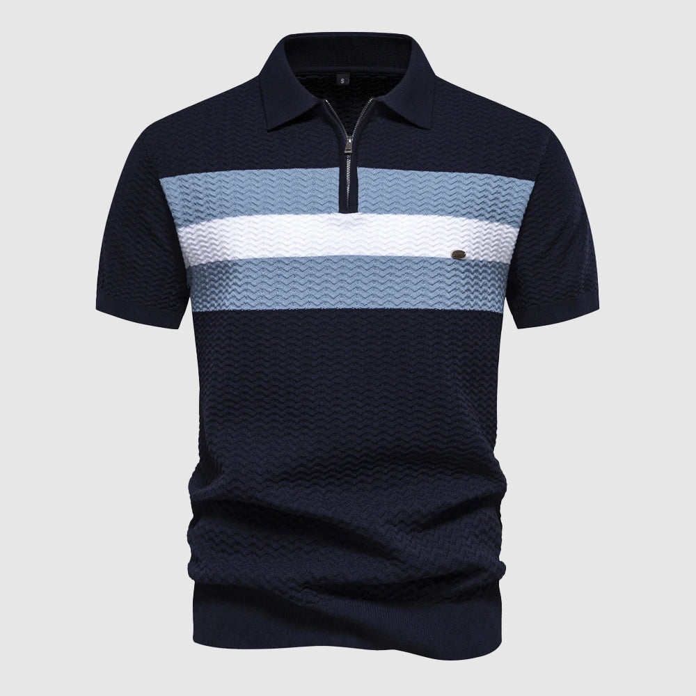 Men's stylish short-sleeve zip polo shirt in a modern fit, perfect for casual spring and summer wear.