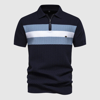 Men's stylish short-sleeve zip polo shirt in a modern fit, perfect for casual spring and summer wear.