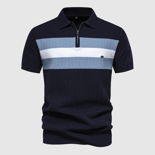 Men's stylish short-sleeve zip polo shirt in a modern fit, perfect for casual spring and summer wear.