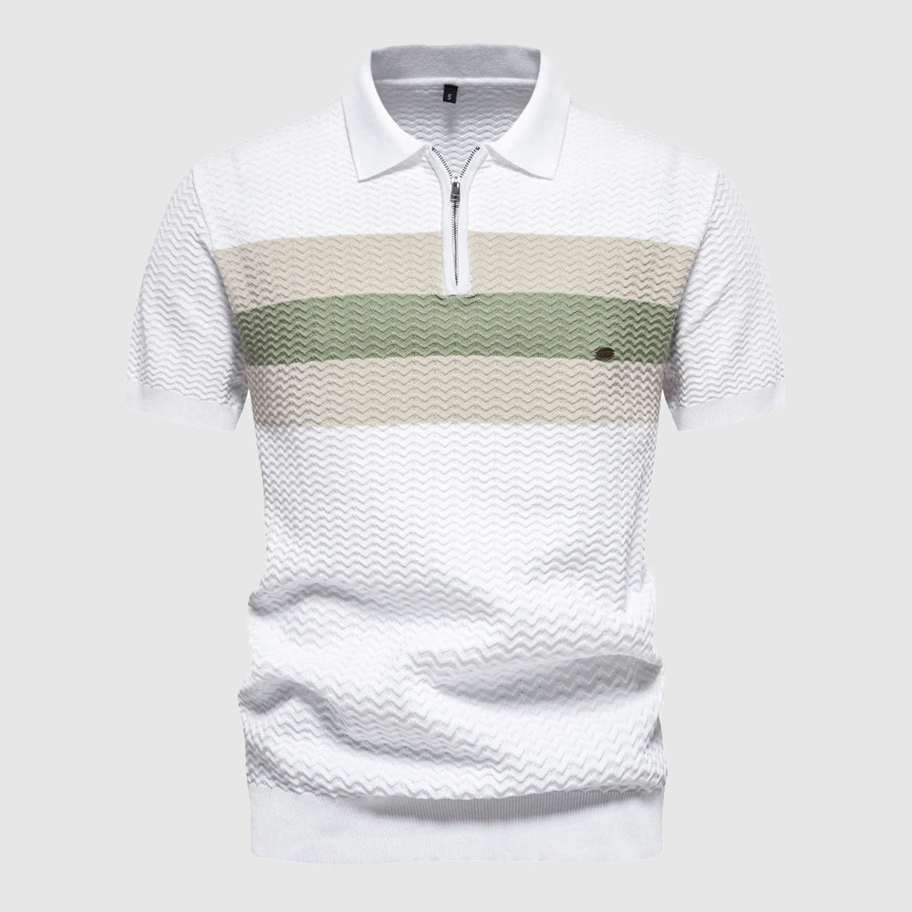 Classic men's short sleeve polo with a contemporary zip collar, ideal for activewear or casual outings.