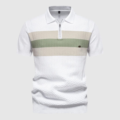 Classic men's short sleeve polo with a contemporary zip collar, ideal for activewear or casual outings.