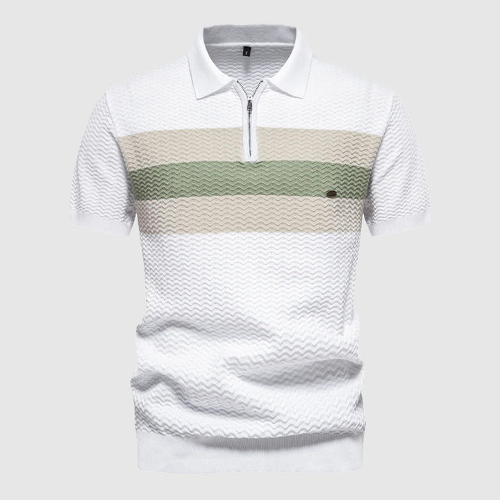 Classic men's short sleeve polo with a contemporary zip collar, ideal for activewear or casual outings.