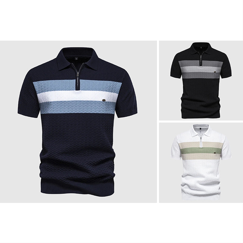 Close-up of a men's modern zip polo shirt showcasing the stylish collar and comfortable fabric.