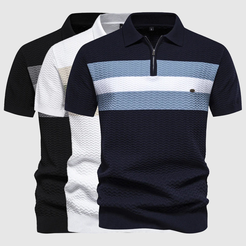 Man wearing a comfortable short-sleeve zip polo, perfect for summer fashion and everyday comfort.