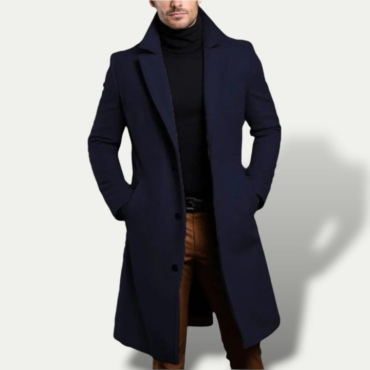 Men's stylish single-breasted long coat, perfect all-season outerwear with a tailored fit. Classic and elegant.