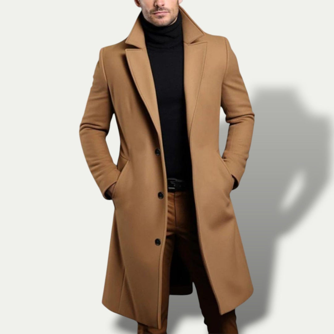 Black men's single-breasted long coat, smart and versatile all-season outerwear with a tailored fit.