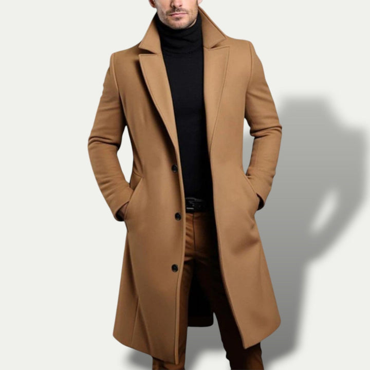 Black men's single-breasted long coat, smart and versatile all-season outerwear with a tailored fit.